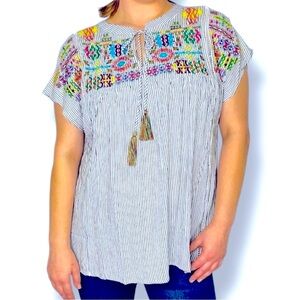 Jodifl Size Medium Bohemian Embroidered Short Sleeve Striped Shirt w/Tie